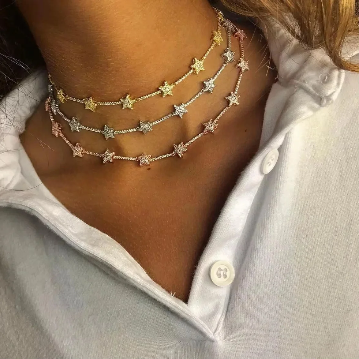 2025 New Fashion Women Lady Statement Necklace Paved 5A Cz Star Charm Link Chain Choker Necklaces Jewelry for Wedding Party Gift