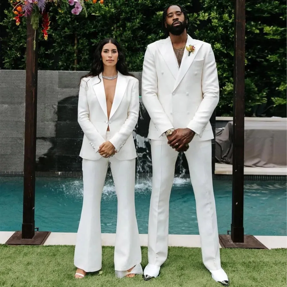 Elegant White Suits for Couple Double Breasted Peaked Lapel Back Vent Custom Made 2 Piece Jacket Pants Prom Party Outfits Set