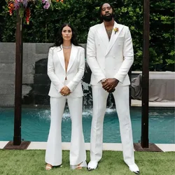 Elegant White Suits for Couple Double Breasted Peaked Lapel Back Vent Custom Made 2 Piece Jacket Pants Prom Party Outfits Set