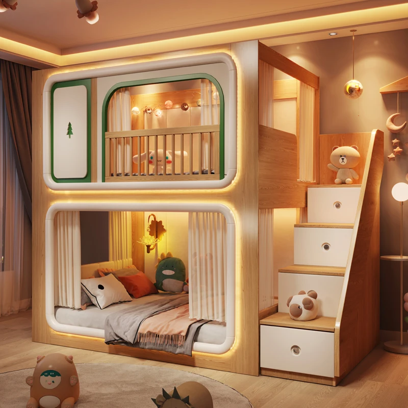 Camas Infantiles Tipo Loft de Dos Niveles con Barandilla de Madera, Diseño de Corralito, Camas para Niños con Tobogán, Estilo Moderno, Muebles para el Hogar