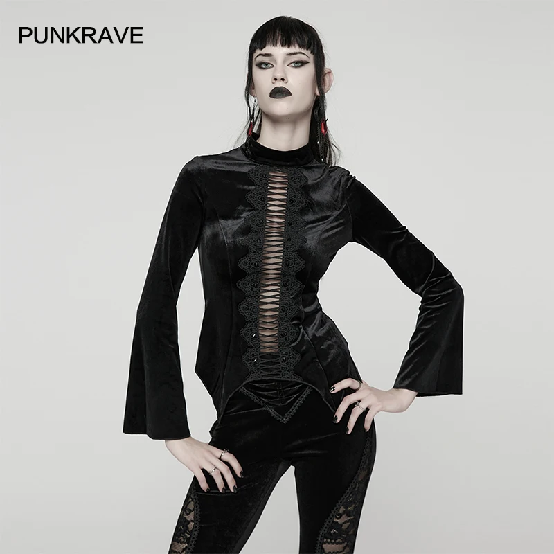 PUNK RAVE Women's Gothic Soft Sunny Velvet T-shirt Stand Collar Design Personalized Pointed Hem Hollow Lace Studs Black Tops