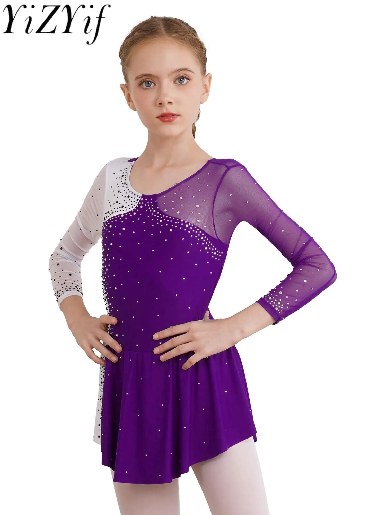 

Rhinestone Figure Ice Skating Dress Kids Girl Long Sleeve Mesh Splice Ballet Dance Gymnastics Leotard Performance Dance Costume