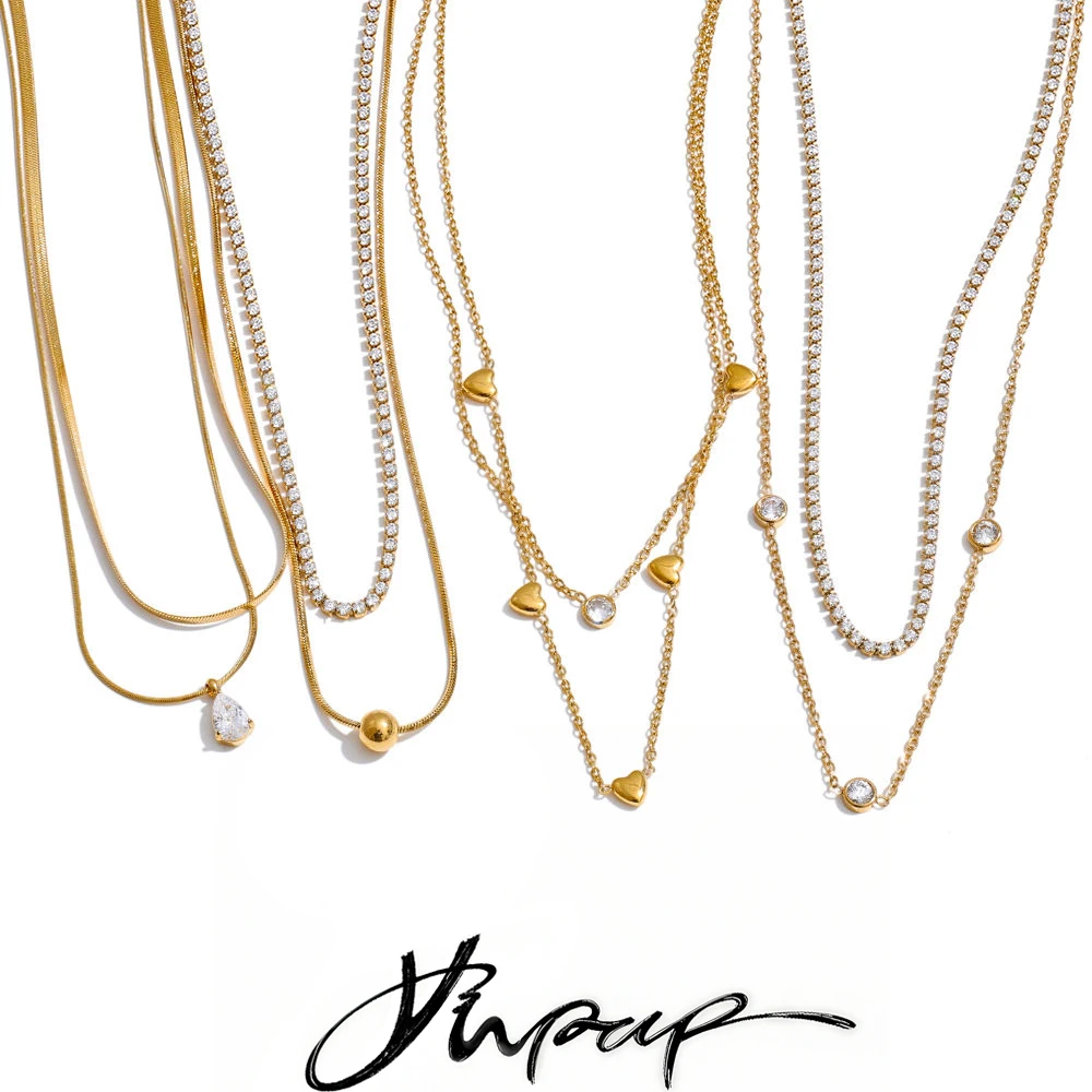 Yhpup High Quality Cubic Zirconia Double-Layer Chain Overlay Necklace Stainless Steel Temperament Popular Chic Jewelry