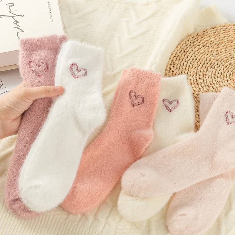 

5 Pairs Fleece Thick Warm Winter Socks Women Cozy Fuzzy Thermal Socks Furry Heart Artificial Mink Fur Socks Sleeping