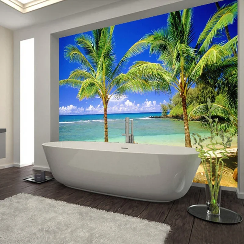 Custom 3D Mural Wallpaper Modern Beach Coconut Seaside Nature Scenery Fresco PVC Waterproof Bathroom Background Wall Papers