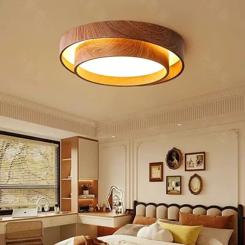 

Bedroom ceiling lamp - modern and minimalist walnut color, eye-friendly and with ancient style. Round lamp for study room.