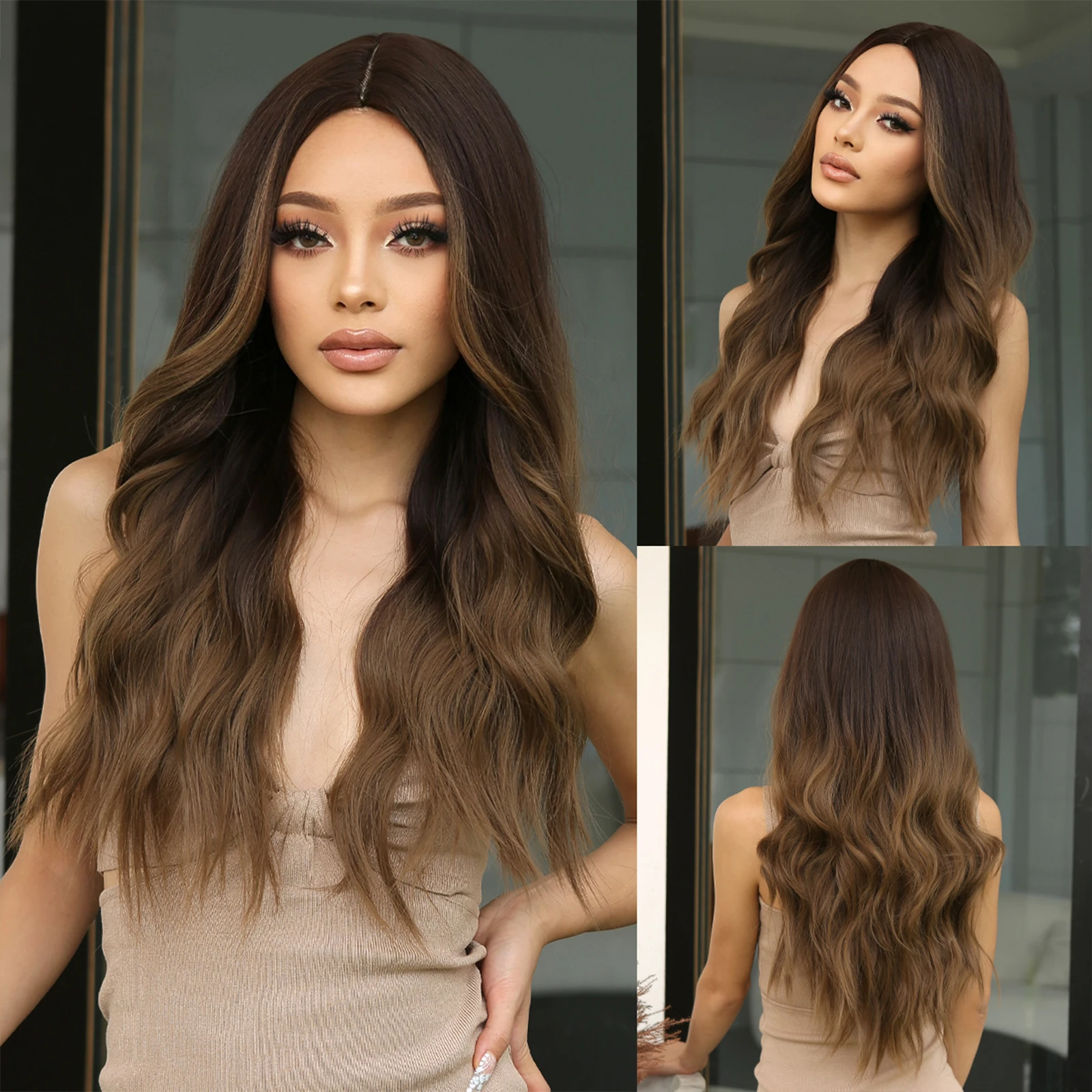 

Long Body Wavy Wigs For White Women Brown Synthetic Hair Wigs Natural Middle Part Hair Heat Resistant Daily Cosplay Party Wigs