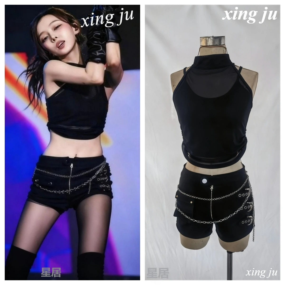 Women Singer Jazz Dance Costume Kpop Outfits Sexy Black Mesh Vest Hip Hop Sling Tops Tight Zipper Shorts Stage Performance Wear