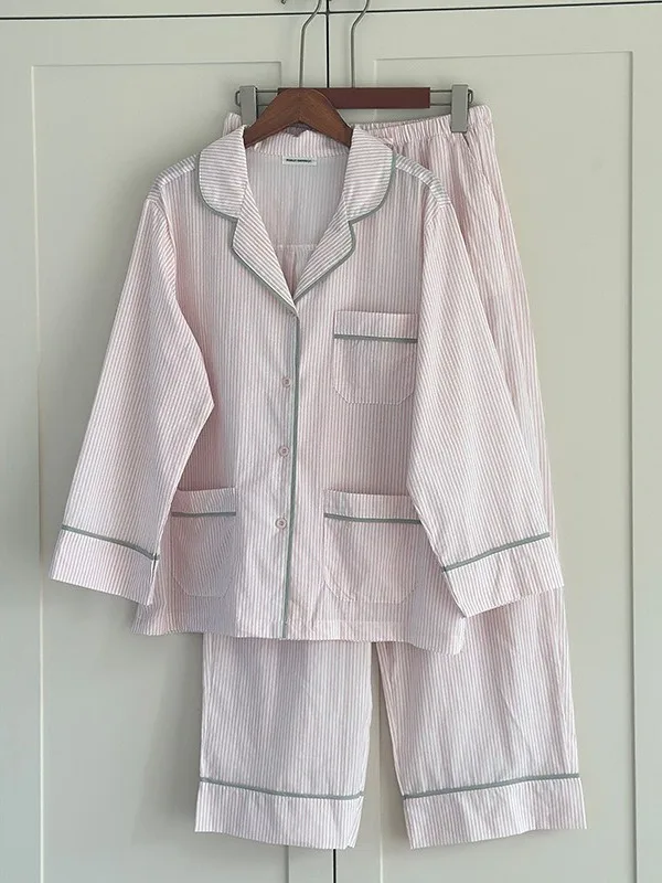 public-spring-autumn-sweet-striped-turn-down-collar-open-cardigan-simple-pure-cotton-spwear-women-long-sve-long-pants-h