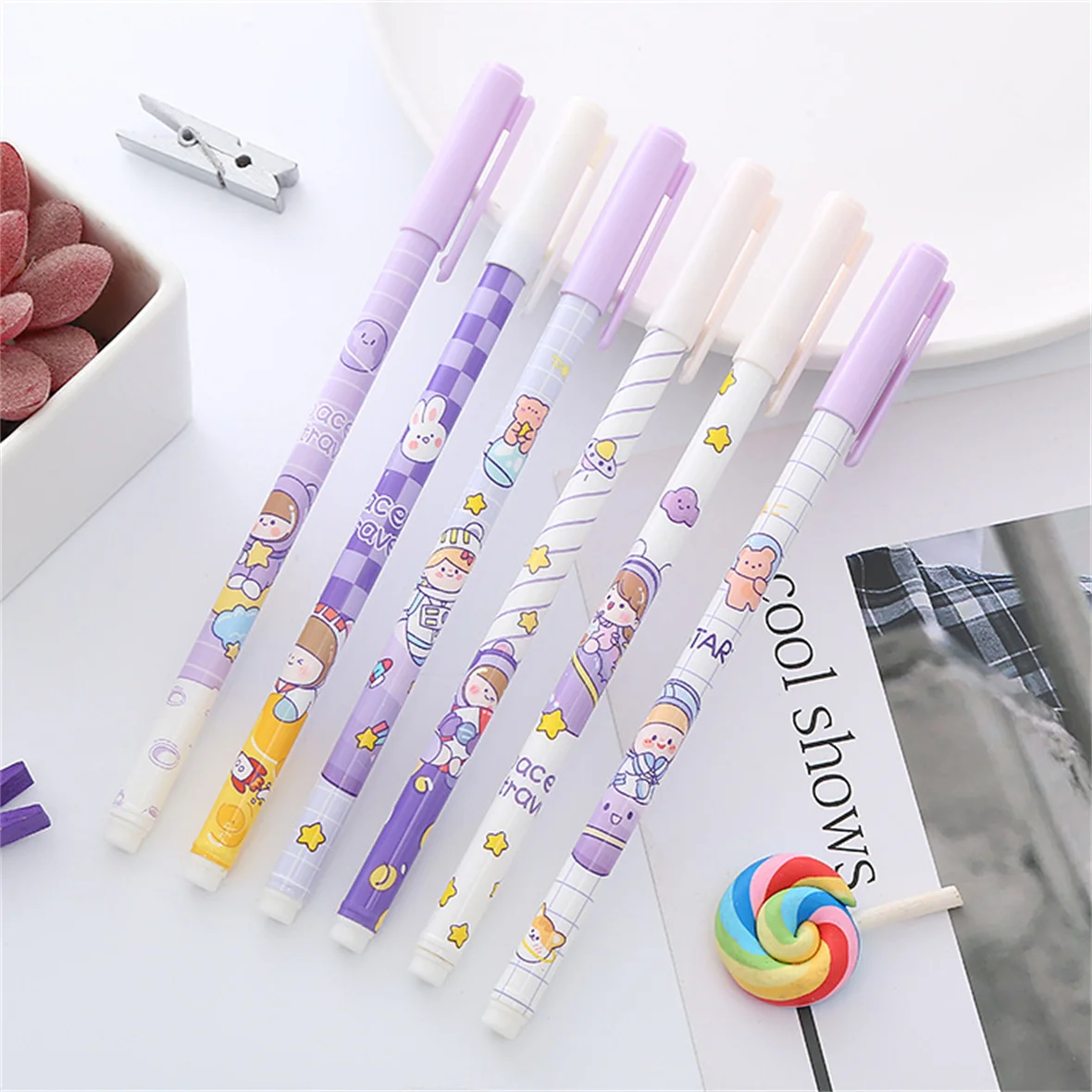 15PCS Cartoon Purple Planet Pull Hat Neutral Pen Black Ink Cute 0.5 Needle Signature Pen School Supplies Office Stationery Gift