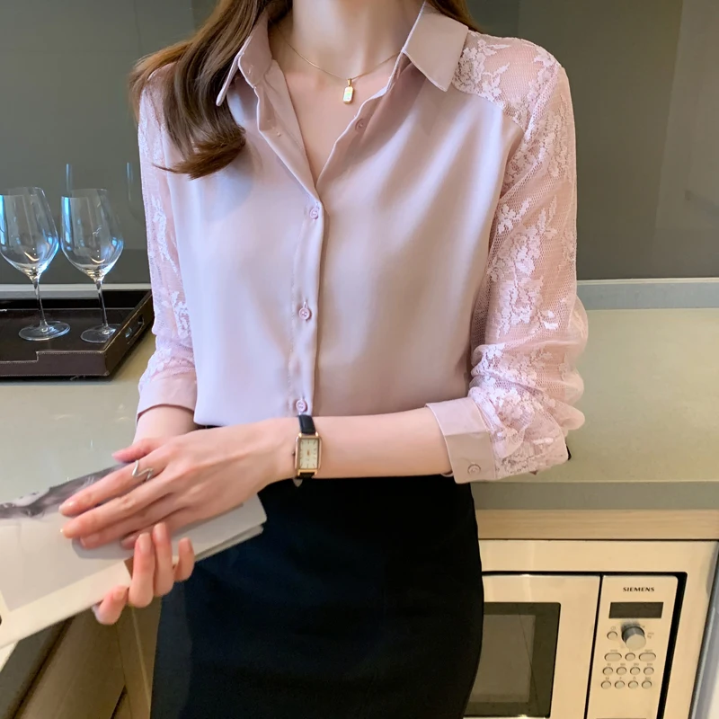 Fashion Lace Long Sleeve Chiffon Blouse Shirt Women Tops Blusas Mujer De Moda 2024 Turn Down Collar Black Pink Blouse Women G313