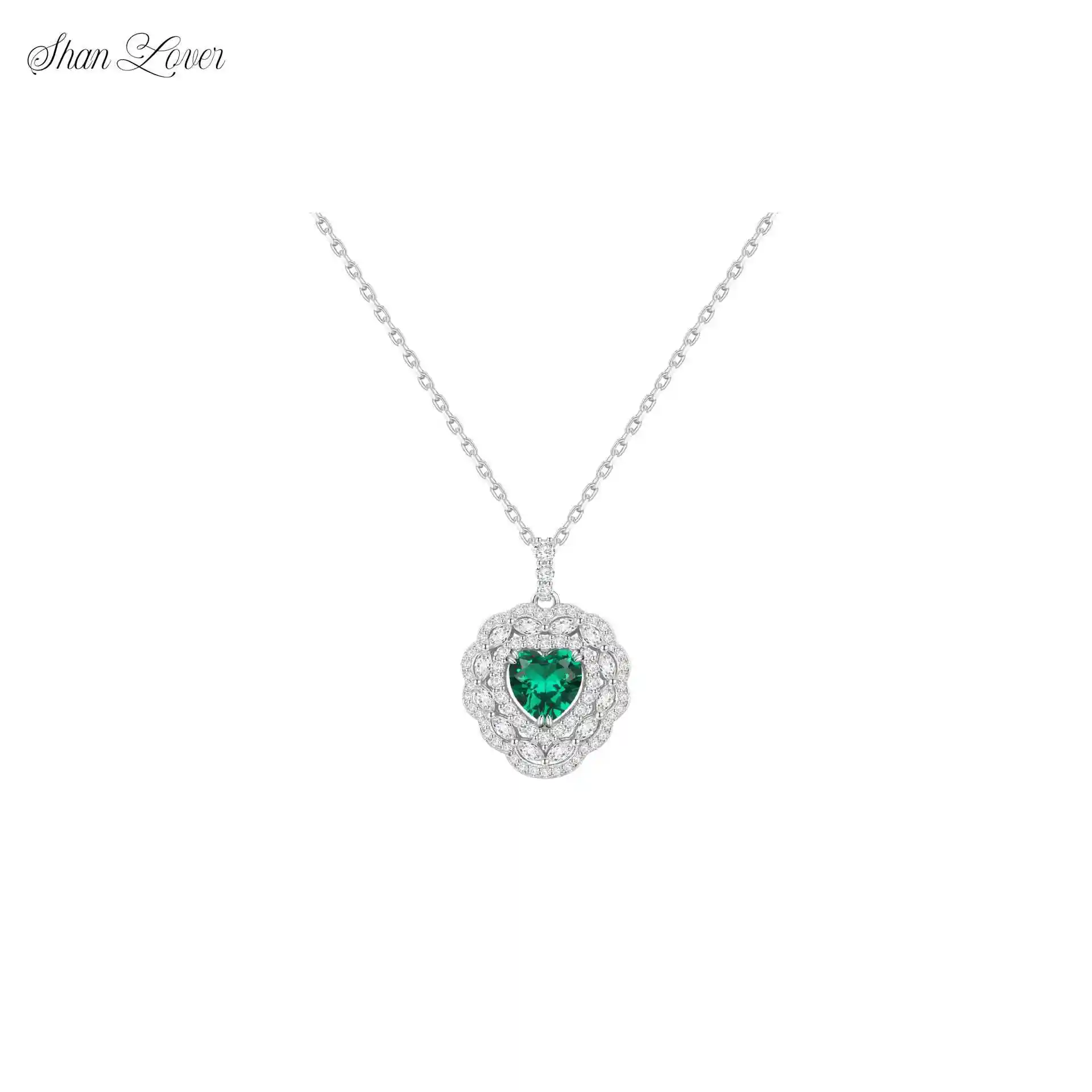 

ShanLover Brand Light Luxury 925 Silver Heart Shaped Necklace Platinum Plating Green Gemstone Pendants Necklace Jewelry