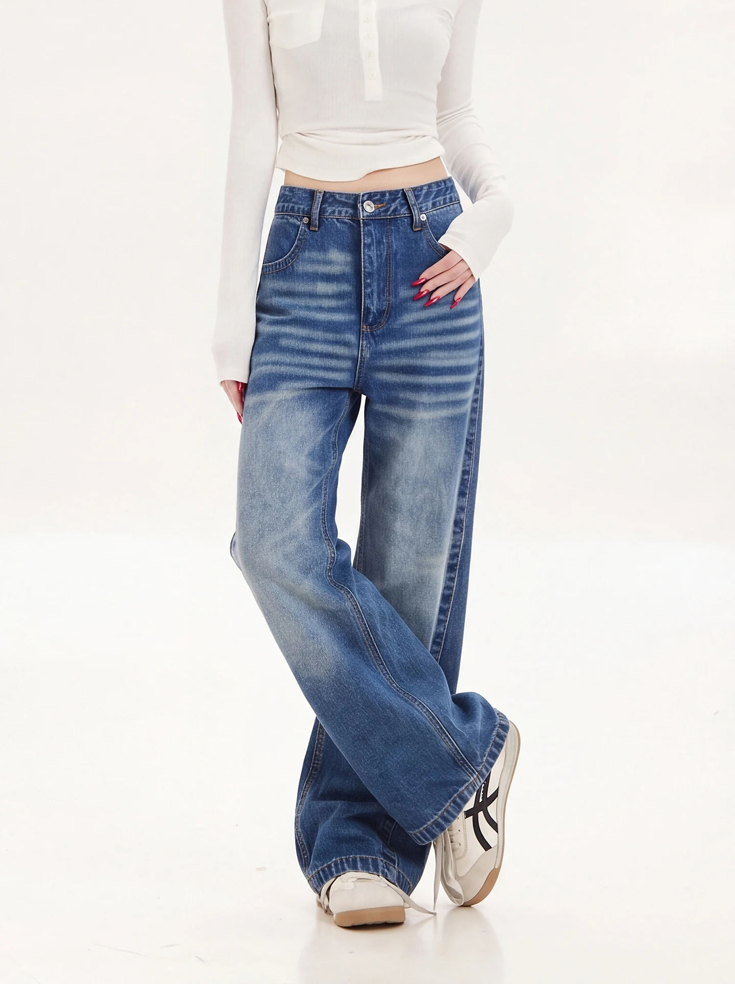 Ant American Retro Washed Straight Leg Jeans Women High Waist Slimming Drapey Wide Leg Pants Casual Cotton Denim Skinnies