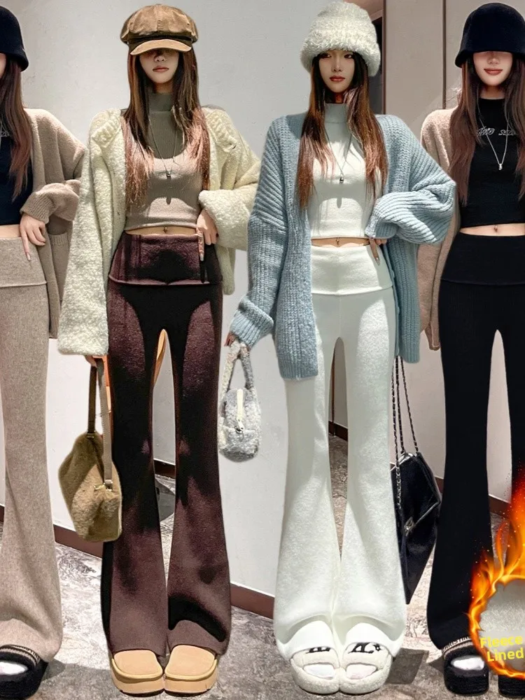 Oaeal Gebreide Fce Gevoerde Casual Rechte Pijpen Hoge Taille Broek Dames Faion 2025 Nieuwe Herfst Winter Thi Wijde Pijpen Broek