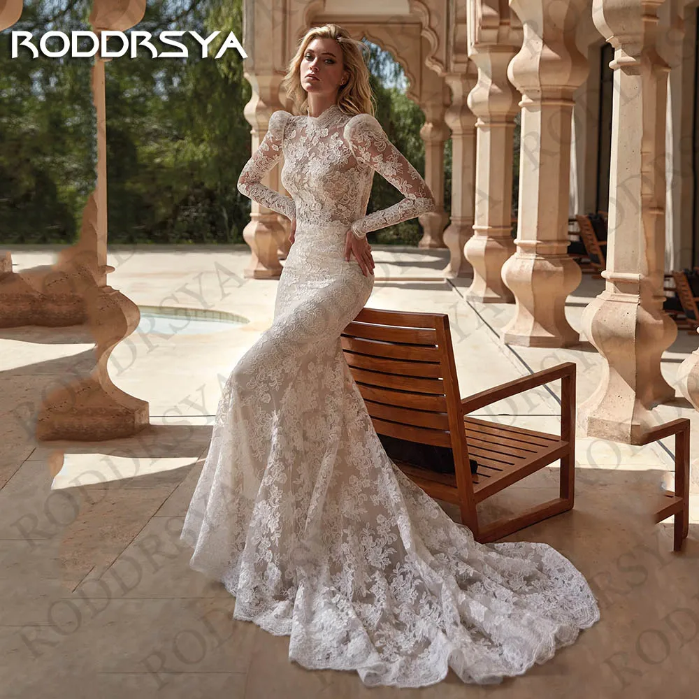 RODDRSYA-exquisitos vestidos de novia de sirena, manga larga, apliques de encaje, Espalda descubierta, cuello alto, 2024 Exquisito Sirena Vestidos de novia 2024  Mangas Largas Apliques De Encaje Sin Espalda  Cuello Alt