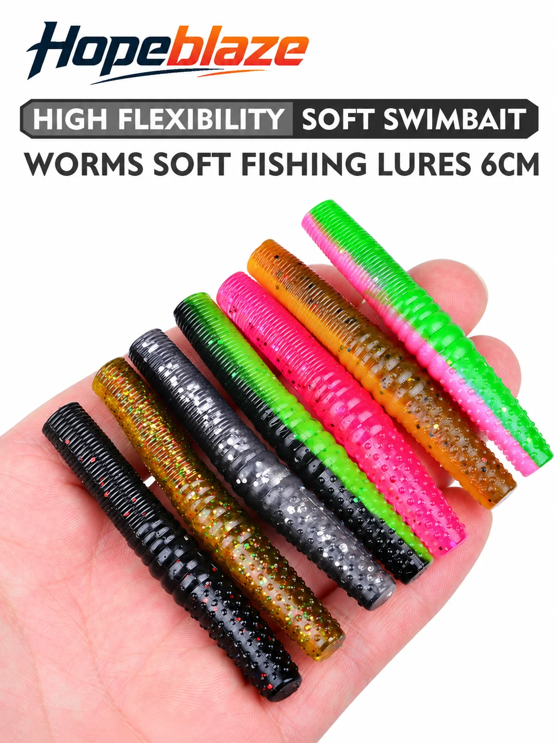 Hopeblaze 10pcs Neko 6cm Sinking Silicone Stick Worm Soft Bait Built-in Flash Flakes Freshwater Lure For Large/Smallmouth Bass