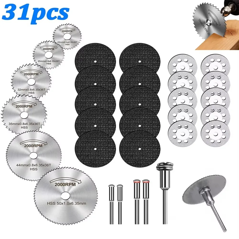 

31pcs rotating tool cutting wheel set, including HSS circular saw blades, resin cutting discs, and diamond cutting wheels
