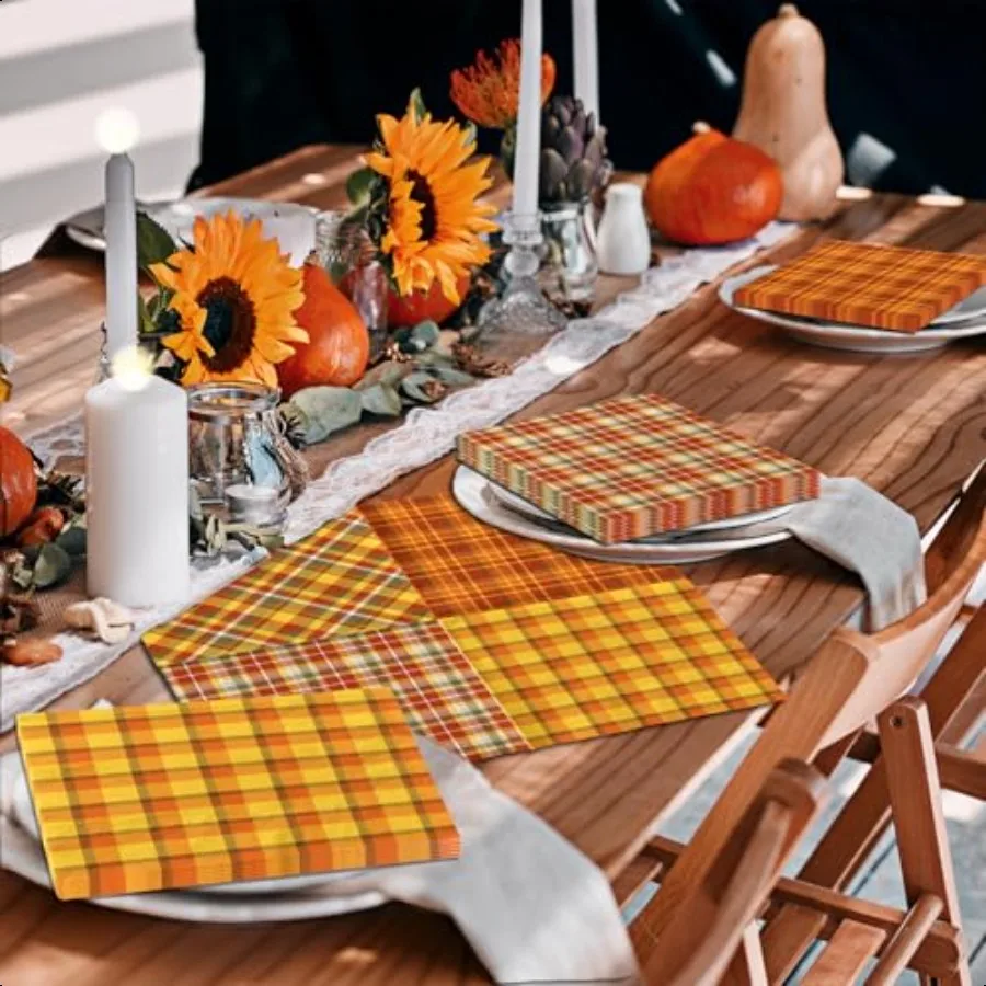 กระดาษเช็ดปากลายตารางสีส้ม 40 ชิ้น สำหรับงานเลี้ยงวันขอบคุณพระเจ้าในฤดูใบไม้ร่วง