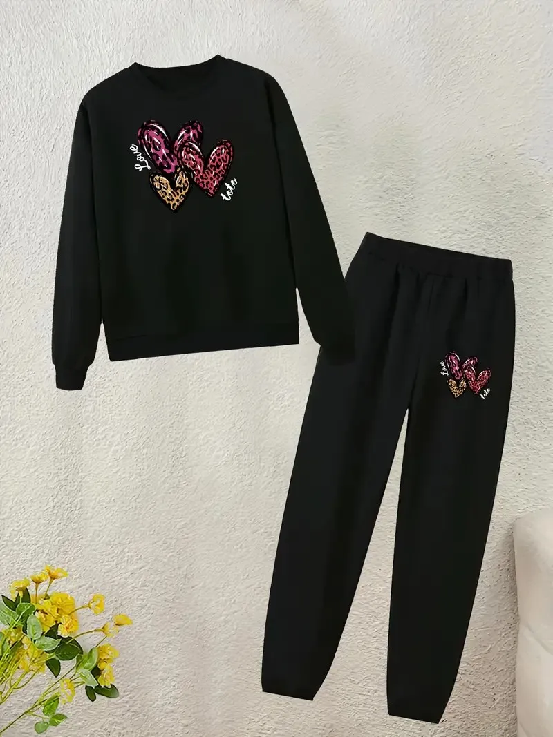 Women's casual heart-print pullover and sweatpants set - women's comfortable 2-piece set, perfect for fall and winter