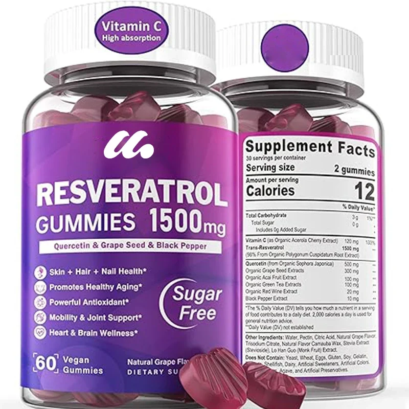 Resveratrol gummies-Contains Quercetin,Grape Seed,and Acai Berry Extract,with antioxidant,anti-aging,skin,and joint properties