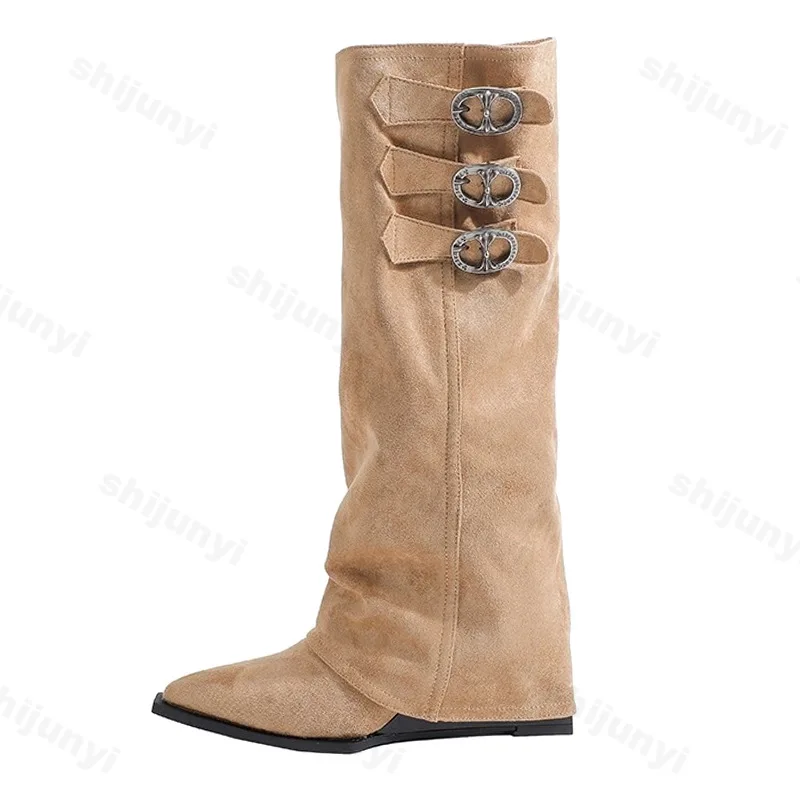 إمرأة أحذية طويلة 2026 موضة جديدة أشار تو مصمم الركبة عالية أحذية من الجلد حزام معدني مشبك النساء فارس الأحذية Mujer بوتاس #6