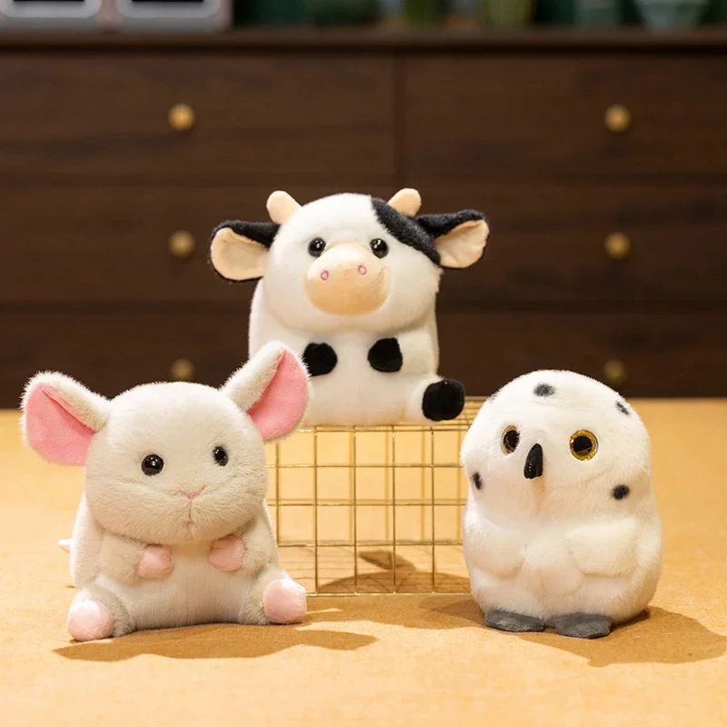 Kawaii Animal Plush Toy Soft Fluffy Cow Chinchilla Snowy Owl Stuffed Doll Cute Round Shape Plushies Cuddly Pillow Birthday Gift