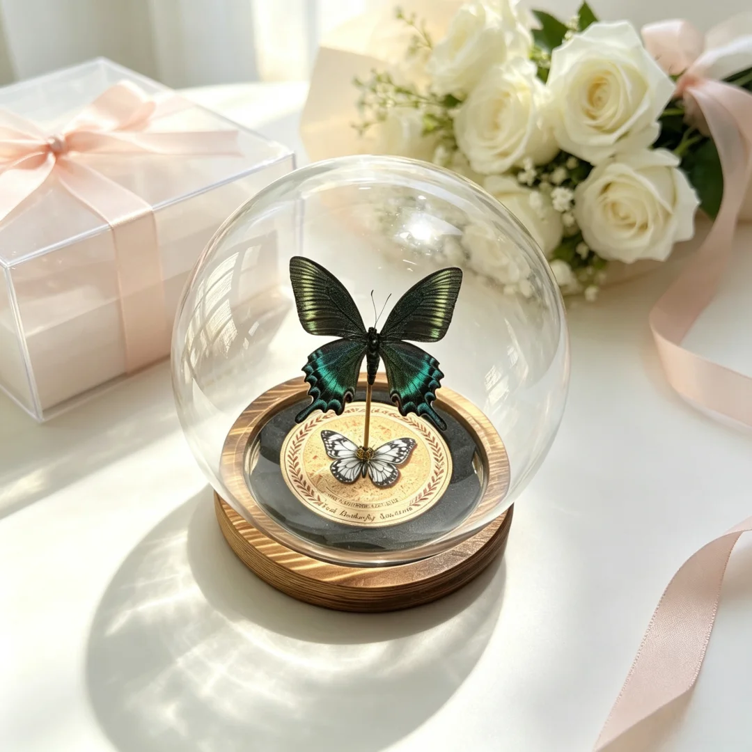 Real butterfly specimen spherical glass cover ornament, vintage insect specimen with solid wood base, Gothic desktop decoration
