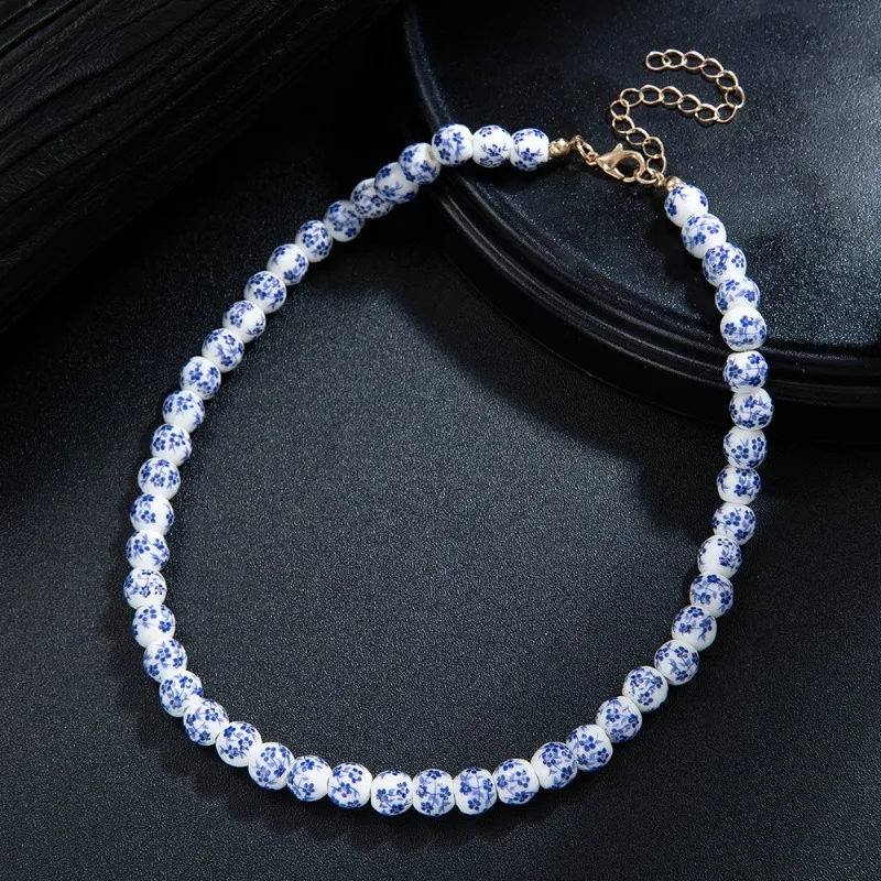 Temperament Chinese Style Blue White Porcelain Pattern Ceramic Beaded Choker Necklace for Women Party Gathering Jewelry Gift