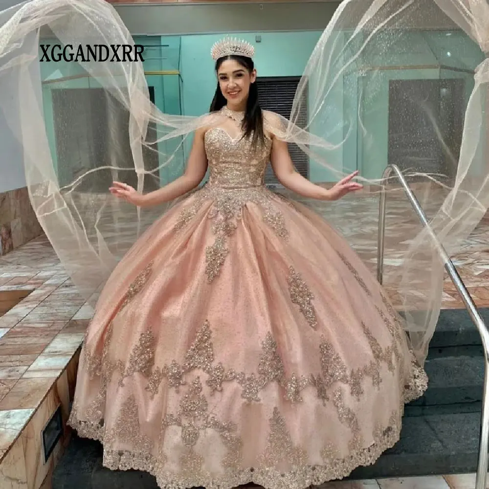 Vestidos De quinceañera con cuentas De champán brillantes, Apliques De encaje sin hombros, Vestido dulce 16, cumpleaños De 15 años, 2024