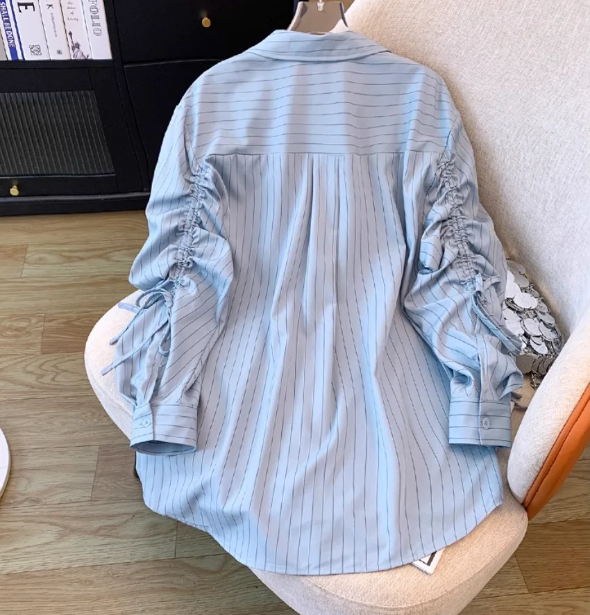 SuperAen Irregular Striped Drawstring Shirt for Women Summer New Design Korean Style Loose Shirts Tops