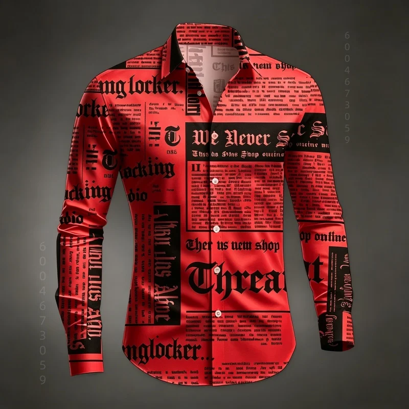 Men's Shirt Long Sleeved Shirt Newspaper Letter Print Retro Casual Single Breasted Shirt Street Style Trendy Men's Top image 3