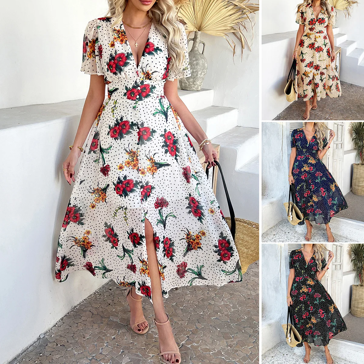 

Diyun Cross-border 2025 Spring And Summer Bohemia Sexy Deep V Chiffon Printed Short Sleeve Dress Sub Women's Clothing