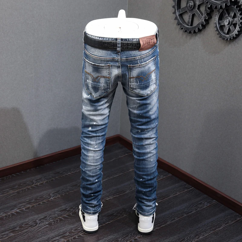 Street Fashion Men Jeans Retro Blue High Quality Elastic Slim Fit Ripped Jeans Men Printed Designer Vintage Denim Pants Hombre
