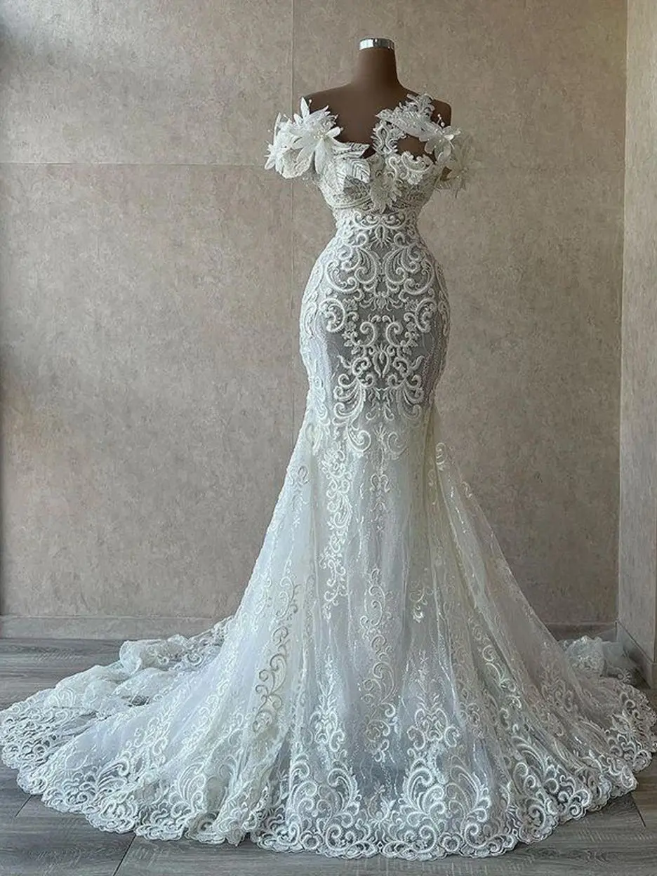 Mermaid Beach Wedding Dresses Sexy Bridal Gowns 3D Flower Pearls Lace Appliqued Sheer Neck Custom Made Vestido De Novia