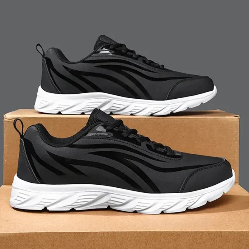 Men Running Shoes Spring Summer Casual Sneakers Streamlined Wavy Texture Glossy Detail Thick Sole Comfortable Footwear