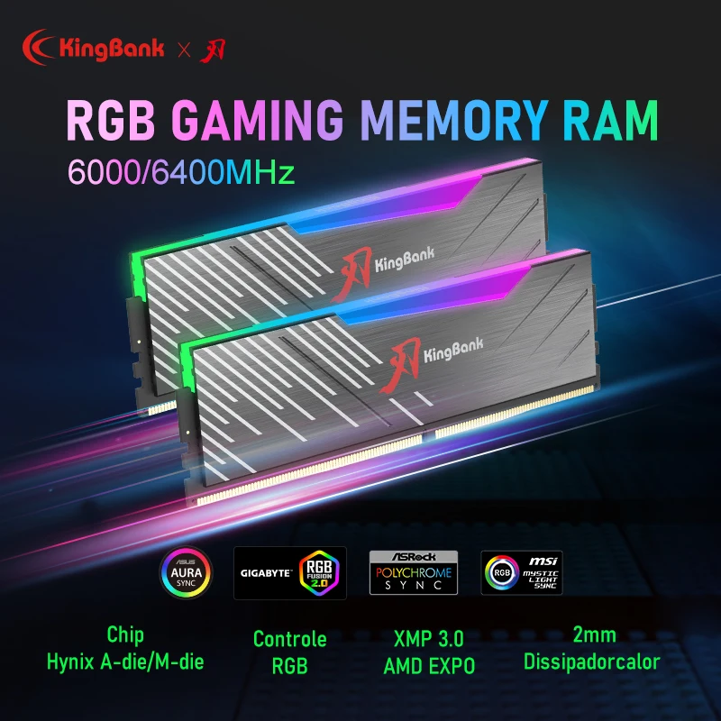 KingBank brand series DDR5 RGB RAM Memory DDR5 RAM PC 16GB 32GB 16gbx2 6000MHz 6400 MHz RAM for Desktop Black Hynix Chip