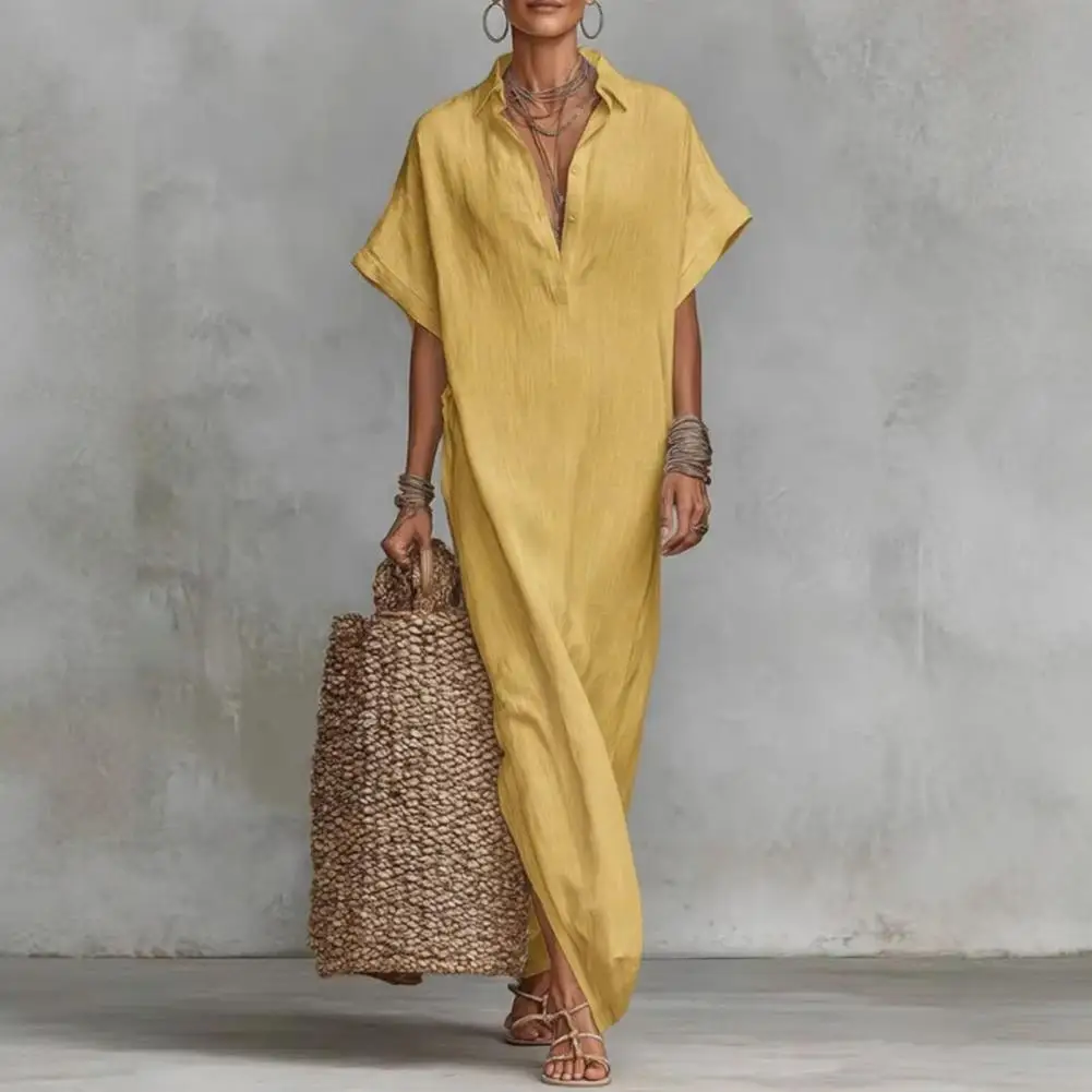 

Summer Cotton Linen Dress for Women Short Sleeve Button Up Long Dress Casual Loose Beach Tunic Sundress A-line Silhouette Dress