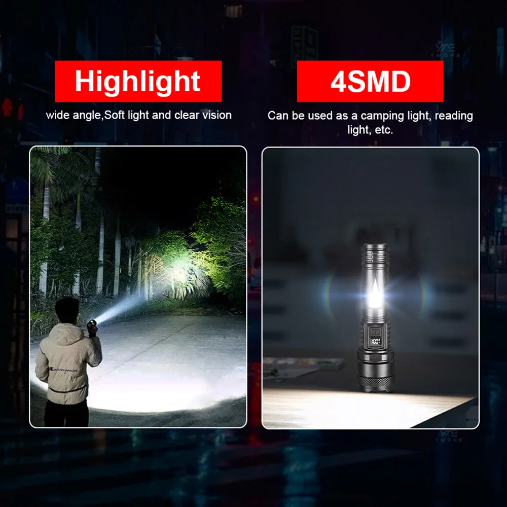 LED Flashlight Built-in Battery USB Rechargeable Flashlight Side Light Ultra Powerful Torch Lamp Outdoor Hiking Camping Lantern