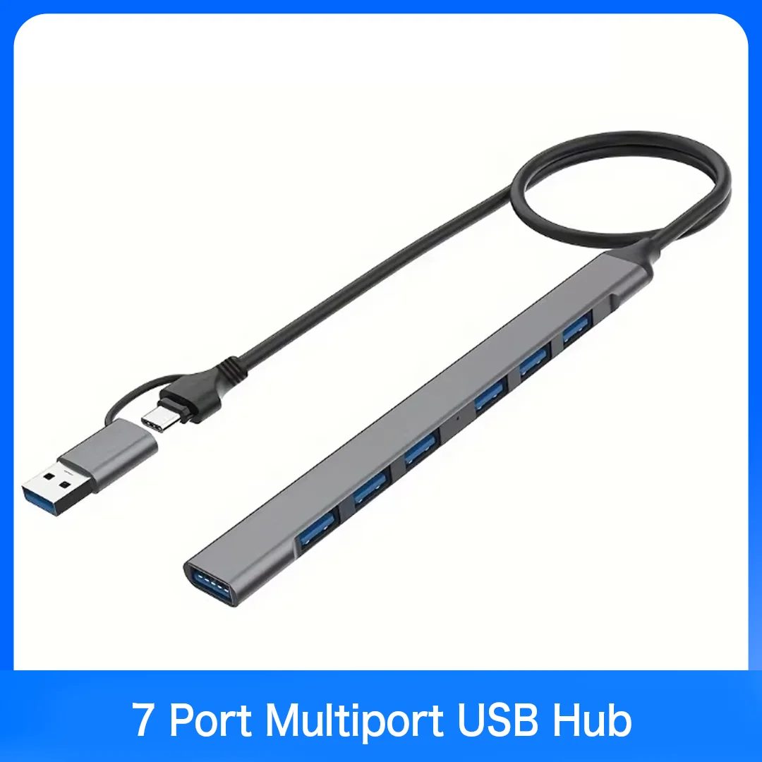 7 Port Multiport USB Hub, 1 USB3.0 & 6 USB2.0 Type‑C Splitter 5Gbps High‑Speed Adapter for PC Computer Accessories