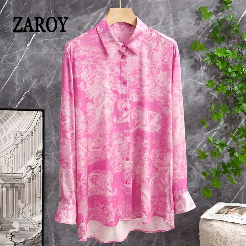 ZAROY 3XL Luxury Designer Women Shirt Fashion Pink Print Female Shirts Summer Autumn Long Sleeve Polo Neck Slim Blouses Camisas