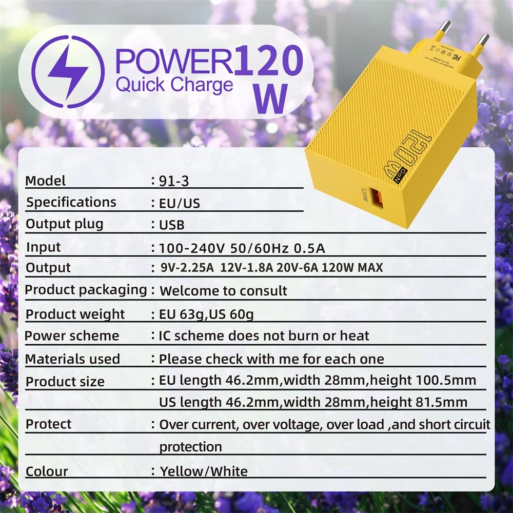 QC3.0 USB GaN شاحن 120 واط الاتحاد الأوروبي/الولايات المتحدة التوصيل العالمي سريع شحن سريع الهاتف المحمول USB الجدار محول ل Oneplus هواوي Xiaomi 15