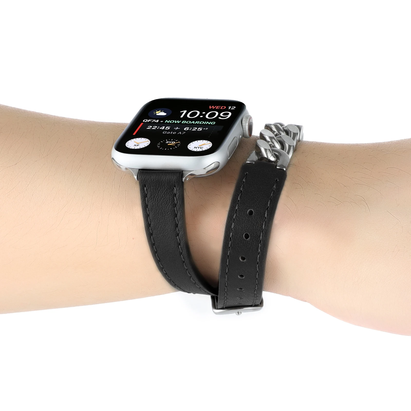 Leather Loop Strap For Apple Watch Band 49mm 45mm 44mm 41mm 42mm 40mm Gourmette Metal Double Tour Belt iWatch Ultra 8 7 6 5 4 SE