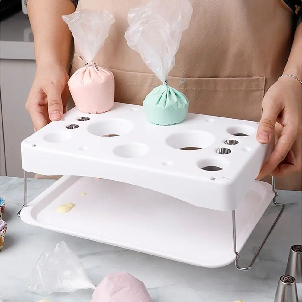 

Stainless Steel Feet Icing Bag Holder Multi Holes Foldable Cream Bag Storage Rack with Tray Large Load Bearing