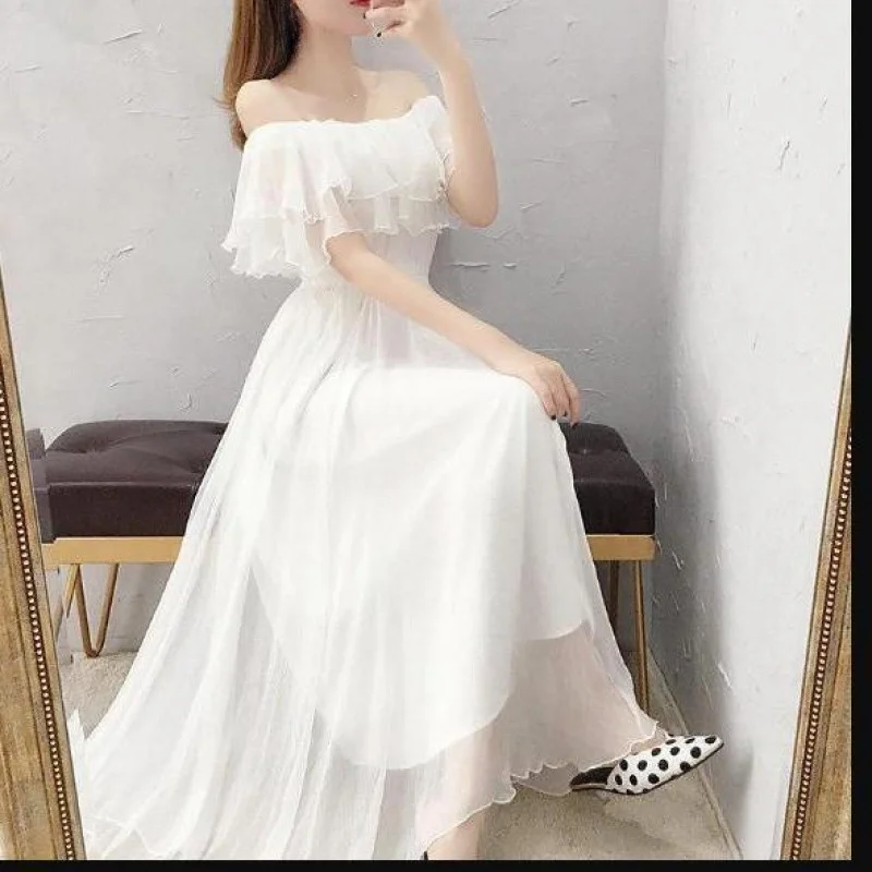 

Summer Beach Photo Shoots One-Shoulder Expose Shoulder Waist Cinching Long Skirt White Fairy Tale Women's Midi Dress Skirt