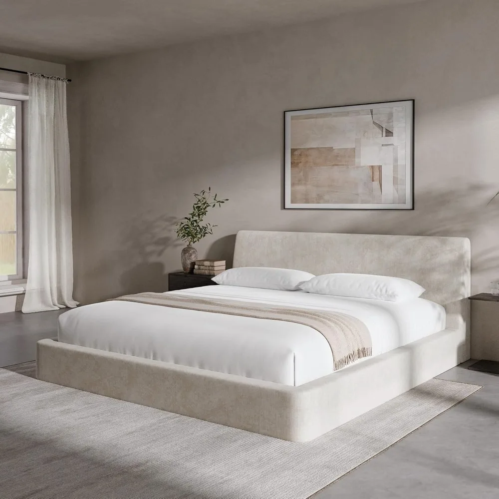 Cloud King Size Bed Frame with Ergonomic Angled Foam Cushioned Headboard, Minimalist Design Platform Bed Frame, Customized