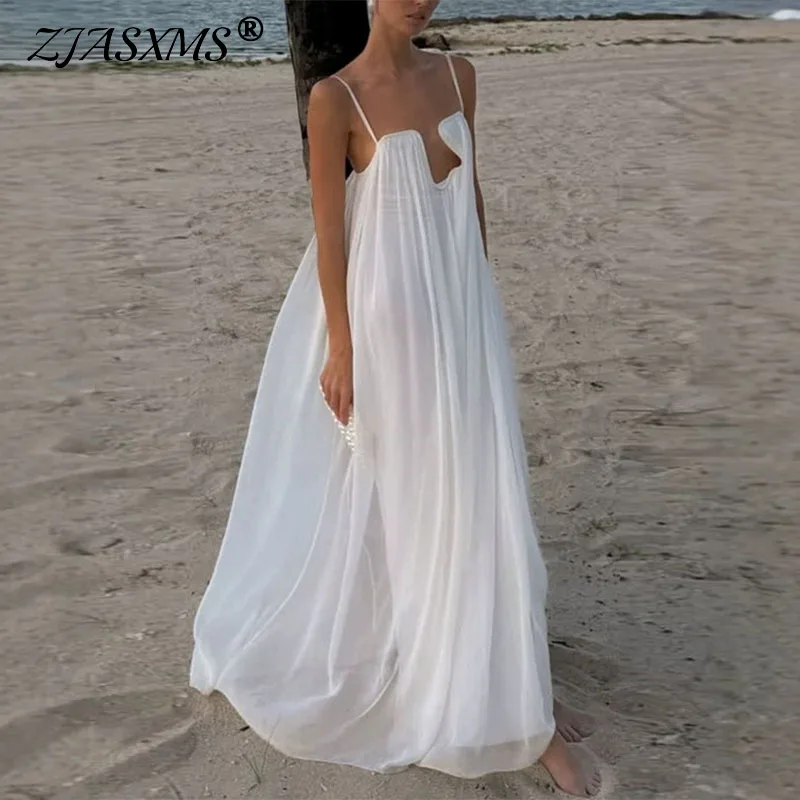 loose flowy white dress Women Spaghetti Strap Maxi Spring Sexy Hollow Out Chest Long Dress Bohemian New Summer Beach Vacation Sundress YGroup_carter