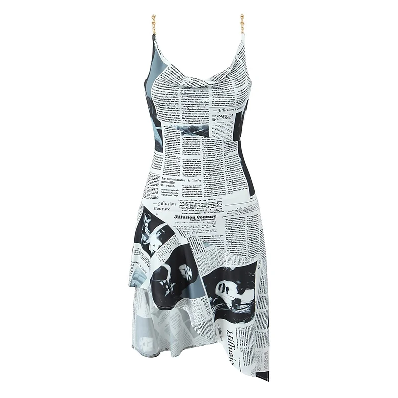 

2025 New Women Newspaper Letter Print Irregular Hem Sling Dresses Fashion Backless Thin Straps With Chain Summer Sexy Dress