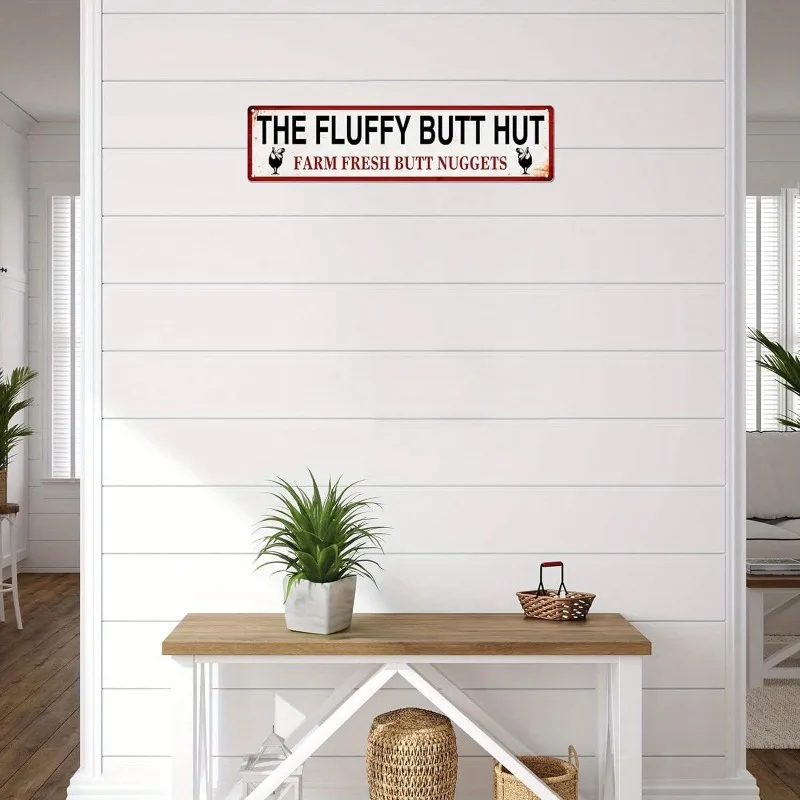 HD Tin Sign, The Fluffy Butt Hut Farm Fresh Butt Nuggets Vintage Chicken Retro Metal Wall Art, Rustic Funny Farm Decor Sign