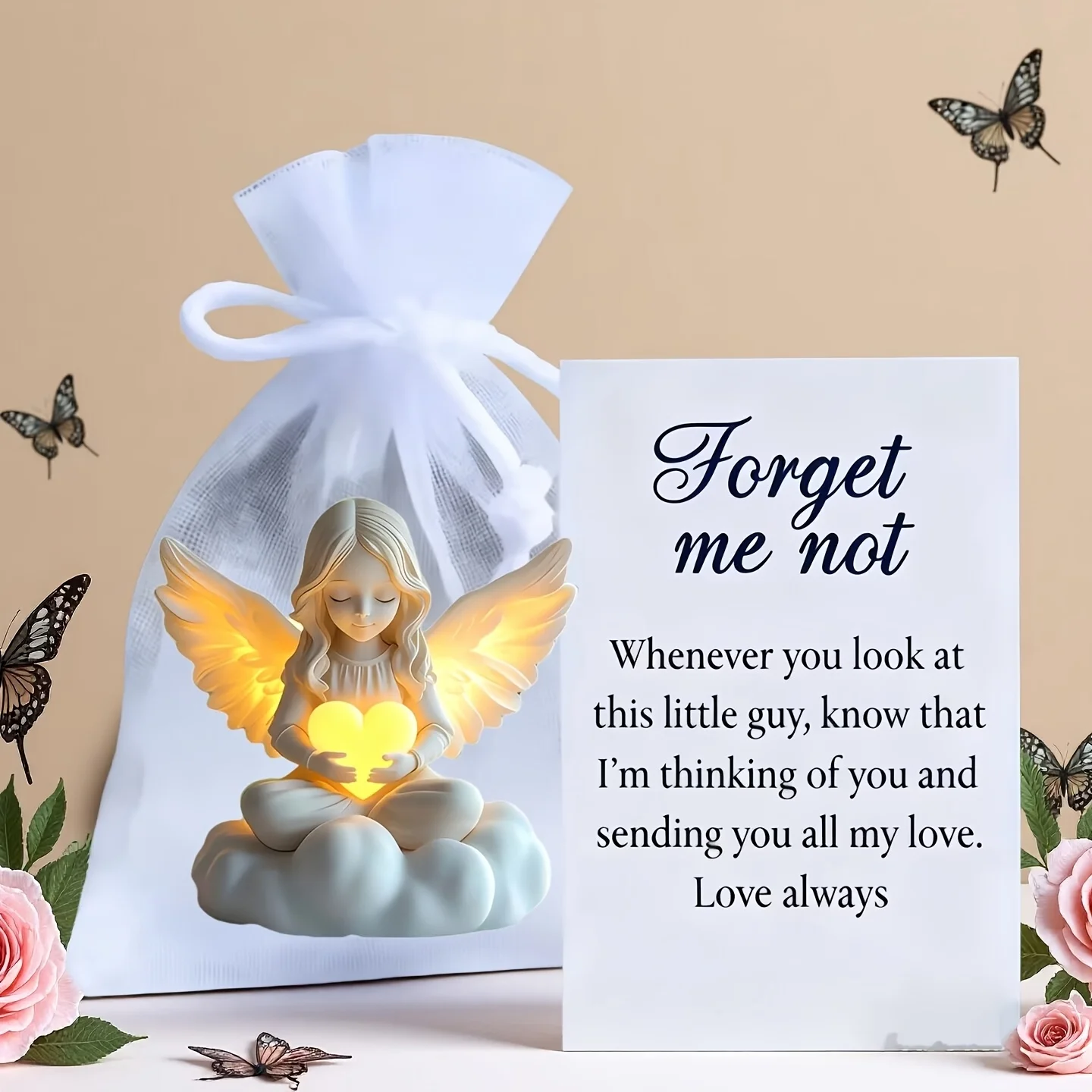 Pocket-Sized Eternal Light Angel Statue Ornament 2D Heart-Shaped Angel Statue with Emotional Encouragement Card and Oushagen Pocket Hug Token Commemorative Angel Prayer Angel Suitable as a Memorial Gift and Home Decoration for Family and Friends Holiday Decoration Room Decoration