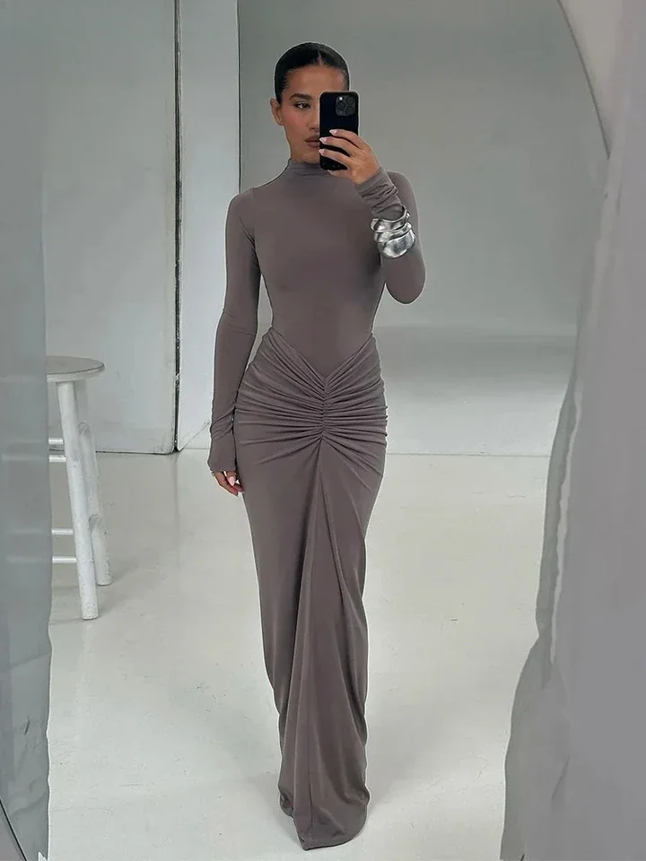 Ruched Dress Women o-NeckFull Sleeve  Skinny Stretch Robe Autumn Trend Simple Classic Pleats Long Bodycon